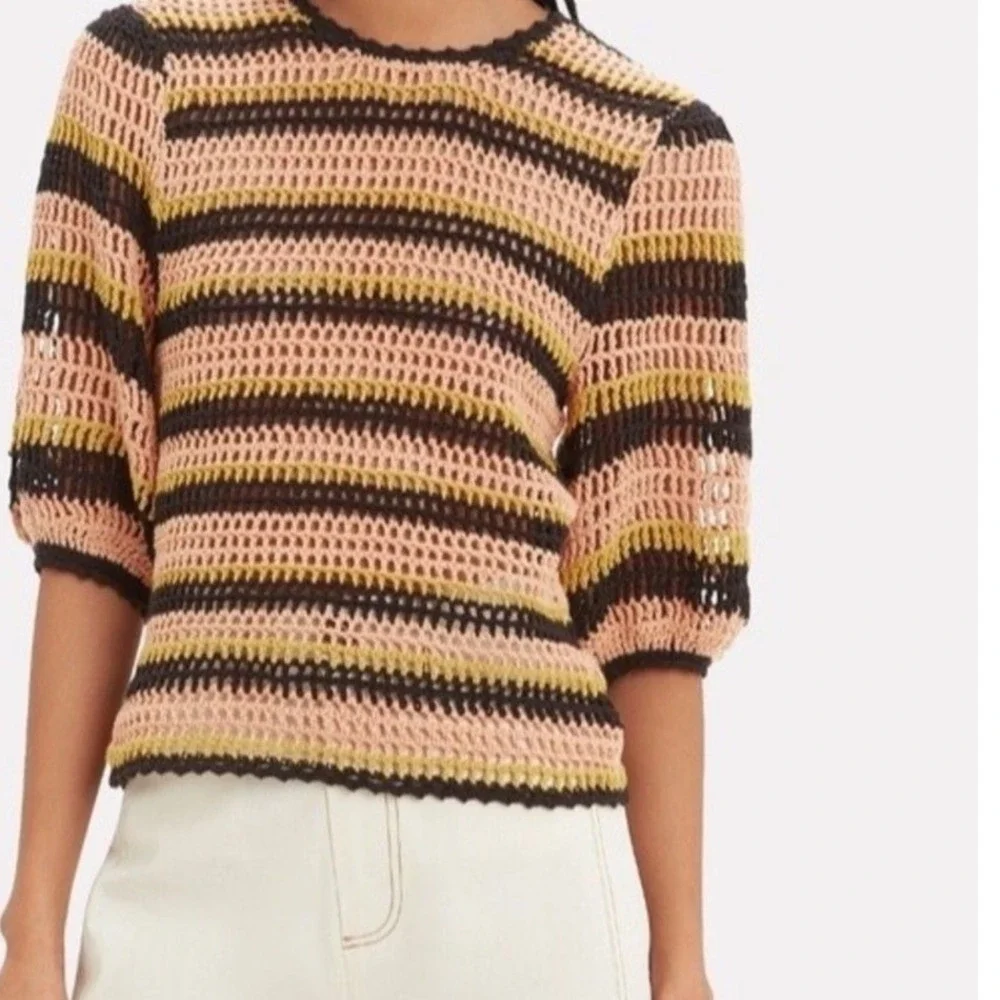 Ulla‎ Johnson Amata Crochet Knit Striped Puff Sleeve Top Pink Yellow Black CS p